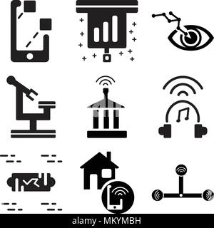 Set Of 9 simple editable icons such as Drone, Smart home, VR technology, Headset, Political, Robotics, Eye, Data, Smartphone, can be used for mobile,  Stock Vector