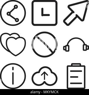 Set Of 9 simple editable icons such as Calendar, Upload, Info, Headphones, Prohibition, Heart, Cursor, Clock, Share, can be used for mobile, web Stock Vector