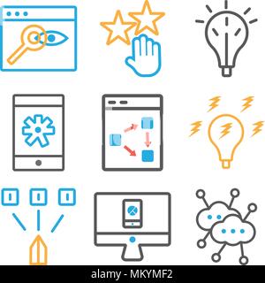 Set Of 9 simple editable icons such as Network, Analytics, Idea, Strategy, Smartphone, Rating, Browser, can be used for mobile, web Stock Vector