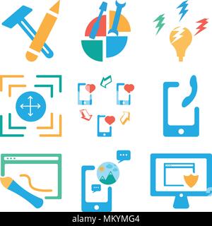Set Of 9 simple editable icons such as Monitor, Smartphone, Browser, Expand, Idea, Pie chart, School material, can be used for mobile, web Stock Vector