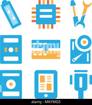Set Of 9 simple editable icons such as Cable, Smartphone, Music player, Hard drive, Server, Computer, Wrench, Chip, Battery, can be used for mobile, w Stock Vector