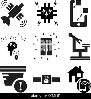 Set Of 9 simple editable icons such as Smart home, Smartwatch, Smoke detector, Robotics, fridge, User, Smartphone, Cpu, Satellite, can be used for mob Stock Vector