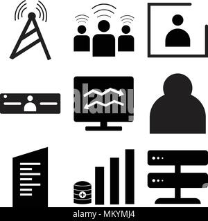 Set Of 9 simple editable icons such as Server, Data analytic, Document, User, Analytic on computer, Server administrator, People wifi, Tele, can be us Stock Vector