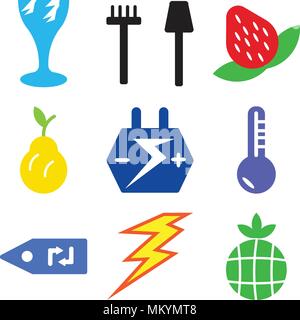 Set Of 9 simple editable icons such as Earth with Leaf, Big Lightning, Recycling Label, Low Temperature, Car Battery, Pear, Strawberry, Garden Tools,  Stock Vector