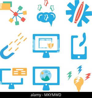 Set Of 9 simple editable icons such as Idea, Computer, Monitor, Smartphone, Magnet, Settings, Brain, Folder, can be used for mobile, web Stock Vector