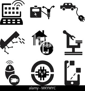 Set Of 9 simple editable icons such as Smartphone, Circuit, Mouse, Robotics, Smart home, Pipes, Electric car, Bike, tv, can be used for mobile, web Stock Vector