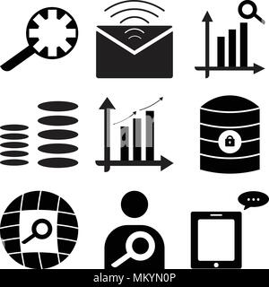 Set Of 9 simple editable icons such as Message on phone, Search person, world, Server key, Analytic, Diagram, statistic, Mail, setting, can be used fo Stock Vector