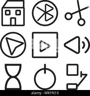 Set Of 9 simple editable icons such as Bell, Power, Hourglass, Volume, Play button, Cursor, Cut, tooth, Home, can be used for mobile, web Stock Vector