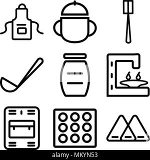 Set Of 9 simple editable icons such as Napkin, Ice cube tray, Dishwasher, Coffee maker, Jar, Ladle, Brush, Bowl, Apron, can be used for mobile, web Stock Vector