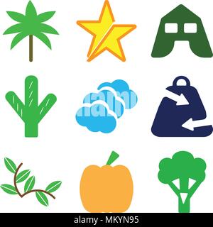 Set Of 9 simple editable icons such as Broccoli, Giant Pumpkin, Plant with Two Leaves, Ecologic Shopping Bag, Three Clouds, Big Cactus, Tent, Star, Pa Stock Vector