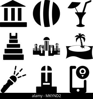 Set Of 9 simple editable icons such as Location, Moais, Flashlight, Palm tree, Taj mahal, Teotihuacan, Limonade with Drop, Beach ball, Parthenon, can  Stock Vector