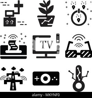 Set Of 9 simple editable icons such as Thermometer, Handheld console, Highway, Smart glasses, tv, Printer, Power, Gardening, Drone, can be used for mo Stock Vector