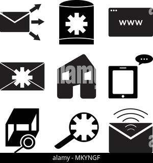 Set Of 9 simple editable icons such as Mail, Search setting, Box, Message on phone, Home, Mail settings, Browser, Data, Forward mail, can be used for  Stock Vector