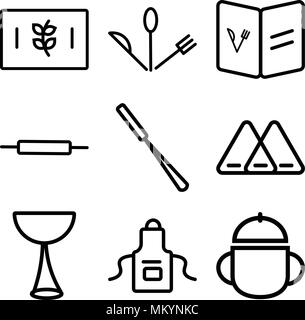 Set Of 9 simple editable icons such as Bowl, Apron, Cup, Napkin, Peeler, Rolling pin, Recipe, Cutlery, Wheat, can be used for mobile, web Stock Vector