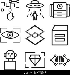 Set Of 9 simple editable icons such as Global, Value, Spy, Warehouse, Dimensions, Visualization, Time machine, Abduction, Artificial intelligence, can Stock Vector