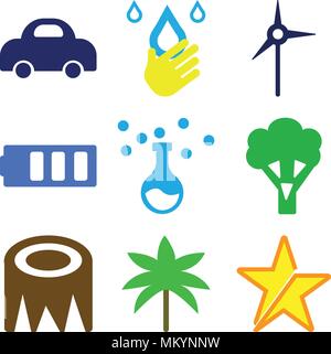 Set Of 9 simple editable icons such as Star, Two Palm Trees, Stump, Broccoli, Chemistry Equipment, Bars Battery, Eolian Energy, Drop with Hand, Electr Stock Vector