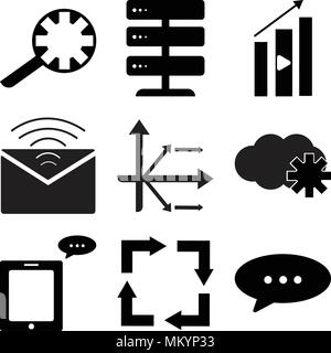 Set Of 9 simple editable icons such as Chat, Reload, Message on phone, Cloude, Analytic arrow, Mail, video, Data server, Search setting, can be used f Stock Vector