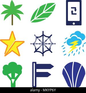 Set Of 9 simple editable icons such as Sea Shell, Divarication, Broccoli, Storm Cloud, Cobweb, Star, Ecological Trash Bin, Big Leaf, Two Palm Trees, c Stock Vector