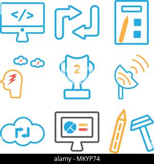 Set Of 9 simple editable icons such as Pen, Web de, Cloud computing, Satellite dish, Trophy, Brainstorming, print, Transfer, Monitor, can be used for  Stock Vector