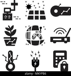 Set Of 9 simple editable icons such as Security, Energy, Thermometer, Wifi, Game, Gardening, Alarm, Solar energy, Drone, can be used for mobile, web Stock Vector
