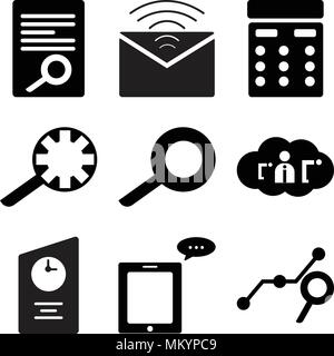 Set Of 9 simple editable icons such as Search analytic, Message on phone, File, Users, Magnifier, setting, Calculator, Mail, Document view, can be use Stock Vector