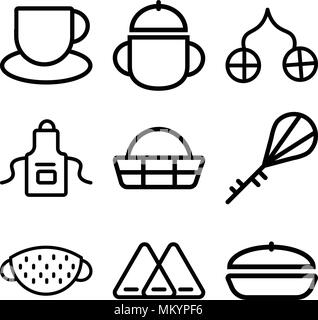 Set Of 9 simple editable icons such as Frying pan, Napkin, Strainer, Mixer, Timer, Apron, Towel, Bowl, Tea cup, can be used for mobile, web Stock Vector