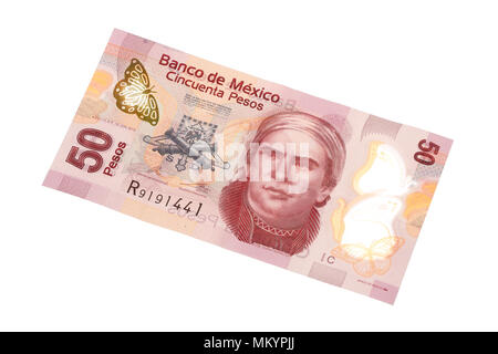 Fifty Mexican pesos banknote isolated on white background. Stock Photo
