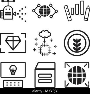Set Of 9 simple editable icons such as Big data, Warehouse, Laptop, Plant, Artificial intelligence, Value, Efficiency, Global, Robot, can be used for  Stock Vector