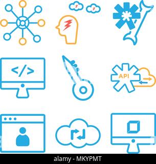 Set Of 9 simple editable icons such as 3d, Cloud computing, User, Api, Key, Monitor, Settings, Brainstorming, Network, can be used for mobile, web Stock Vector