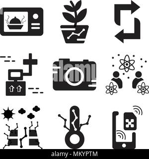 Set Of 9 simple editable icons such as Sim, Thermometer, Solar panel, Knowledge, Digital camera, Drone, Recycle, Gardening, Microwave, can be used for Stock Vector