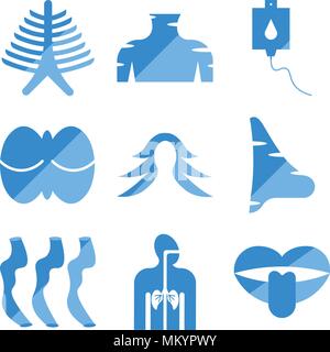 Set Of 9 simple editable icons such as Tongue and Mouth, Respiratory System, Small Intestine, Big Nose, Female Hair, Human Cerebellum, Blood Transfusi Stock Vector