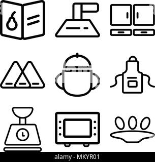 Set Of 9 simple editable icons such as Eggs, Microwave oven, Scale, Apron, Bowl, Napkin, Cabinet, Extractor hood, Recipe, can be used for mobile, web Stock Vector