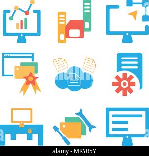 Set Of 9 simple editable icons such as Laptop, Folder, Desktop, File, Cloud computing, Browser, Graphic de, Diskette, Analytics, can be used for mobil Stock Vector
