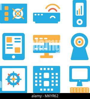 Set Of 9 simple editable icons such as Computer, Cpu, Cooler, Webcam, Server, Smartphone, Ipod, Modem, Power, can be used for mobile, web Stock Vector
