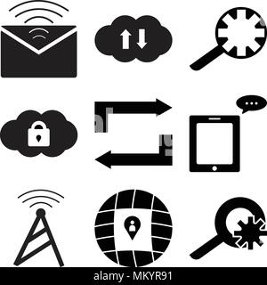 Set Of 9 simple editable icons such as Settings, Location, Tele, Message on phone, Download and upload, Cloude key, Search setting, cloud, Mail, can b Stock Vector