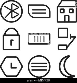 Set Of 9 simple editable icons such as Moon, Menu, Clock, Bell, Battery, Unlock, Home, File, tooth, can be used for mobile, web Stock Vector