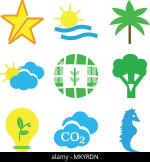 Set Of 9 simple editable icons such as Sea Horse, CO2 Cloud, Ecological Light Bulb, Broccoli, Globe and Plant, Overcast, Two Palm Trees, Sun, Star, ca Stock Vector