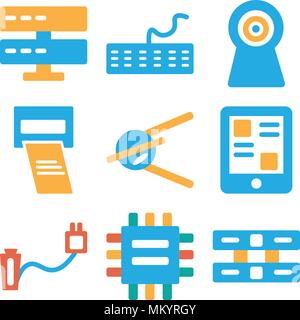 Set Of 9 simple editable icons such as Server, Cpu, Plug, Smartphone, Satellite, Printer, Webcam, Keyboard, can be used for mobile, web Stock Vector