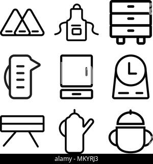 Set Of 9 simple editable icons such as Bowl, Kettle, Table, Clock, Cabinet, Measuring cup, Apron, Napkin, can be used for mobile, web Stock Vector