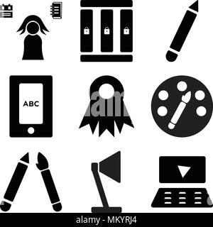 Set Of 9 simple editable icons such as Laptop, Desk lamp, School material, Paint palette, Medal, Tablet, Pen, Lockers, Student, can be used for mobile Stock Vector