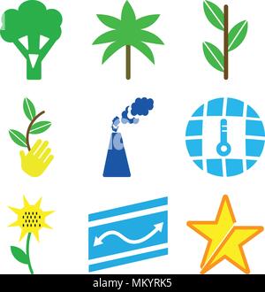 Set Of 9 simple editable icons such as Star, Road Map Folded, Sunflower with Leaf, Global Temperature, Industrial Plant, Sprout On Hand, Big Sprout, T Stock Vector