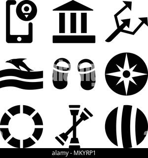 Set Of 9 simple editable icons such as Beach ball, Two Sculls, Life Float with Square, Big Helm, Flip Flop, Sunset and Dolphin, Small Trident, Parthen Stock Vector