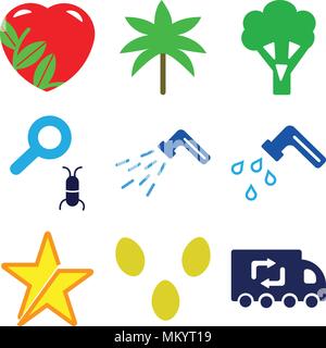 Set Of 9 simple editable icons such as Recycling Truck, Two Eggs, Star, Water Tap, Waste Pipe, Loupe and Bug, Broccoli, Palm Trees, Ecologic Love, can Stock Vector