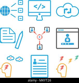 Set Of 9 simple editable icons such as Thinking, Curriculum, Brainstorming, Browser, Team, Clipboard, Cloud computing, Monitor, Network, can be used f Stock Vector