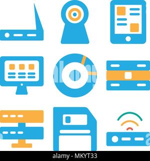 Set Of 9 simple editable icons such as Modem, Diskette, Server, Cd, Monitor, Smartphone, Webcam, Wifi, can be used for mobile, web Stock Vector