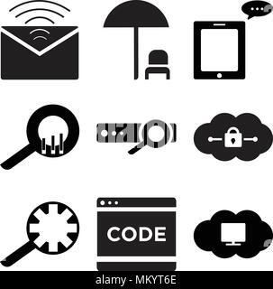 Set Of 9 simple editable icons such as Cloude on computer, Code, Search setting, Cloude, report, statistic, Message phone, Dinner, Mail, can be used f Stock Vector