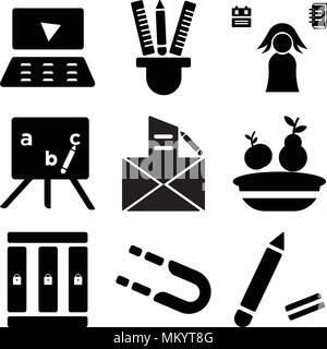 Set Of 9 simple editable icons such as Pencil, Magnet, Lockers, Lunch box, Teacher, Student, Pencil case, Laptop, can be used for mobile, web Stock Vector