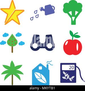 Set Of 9 simple editable icons such as Ecological Fuel, Ecologic House, Two Palm Trees, Apple with Leaf, Big Binoculars, Trees and Cloud, Broccoli, Wa Stock Vector