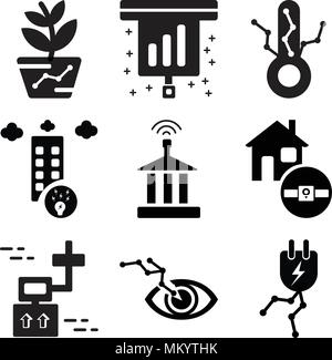 Set Of 9 simple editable icons such as Plug, Eye, Drone, Smartwatch, Political, Smart city, Thermometer, Data, Gardening, can be used for mobile, web Stock Vector