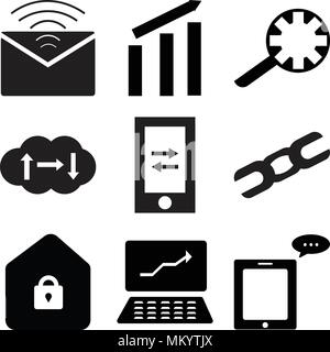 Set Of 9 simple editable icons such as Message on phone, Analytic laptop, Home key, Brocken link, Mobile Cloude, Search setting, Analytic, Mail, can b Stock Vector